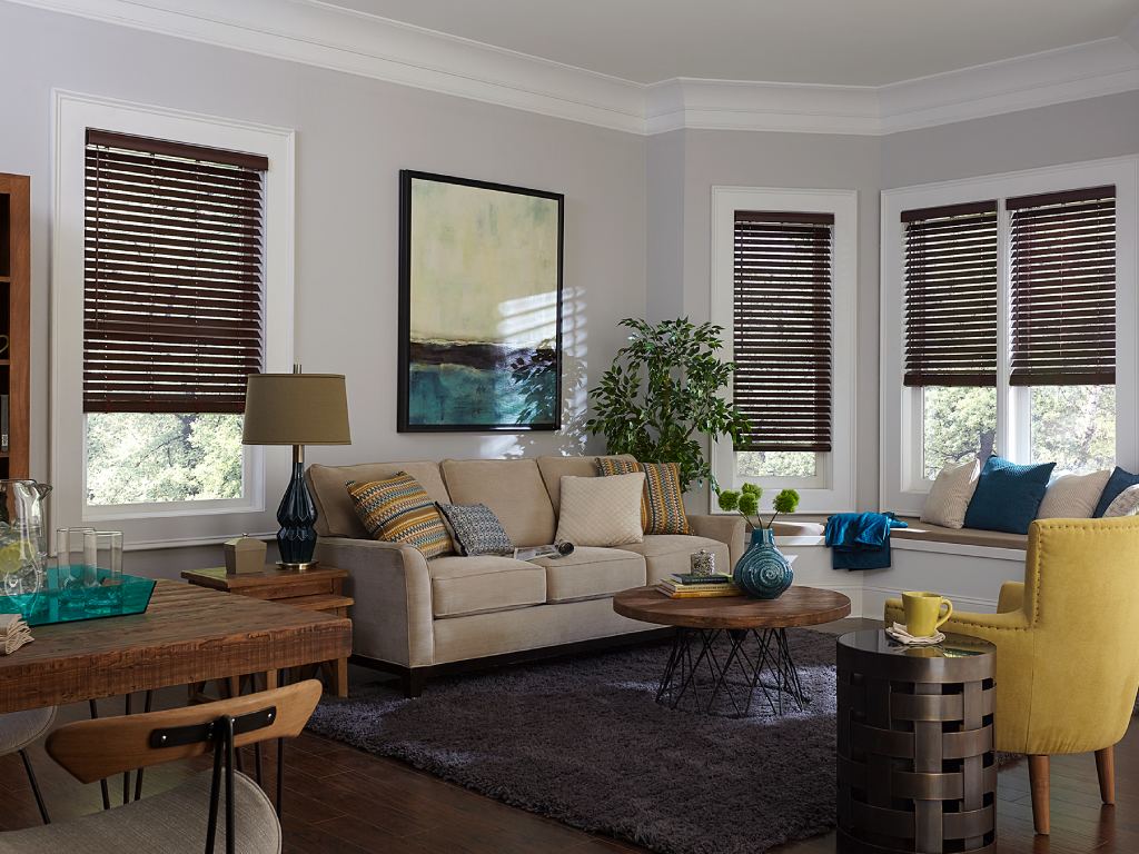 Living room with wood blinds covering the windows.