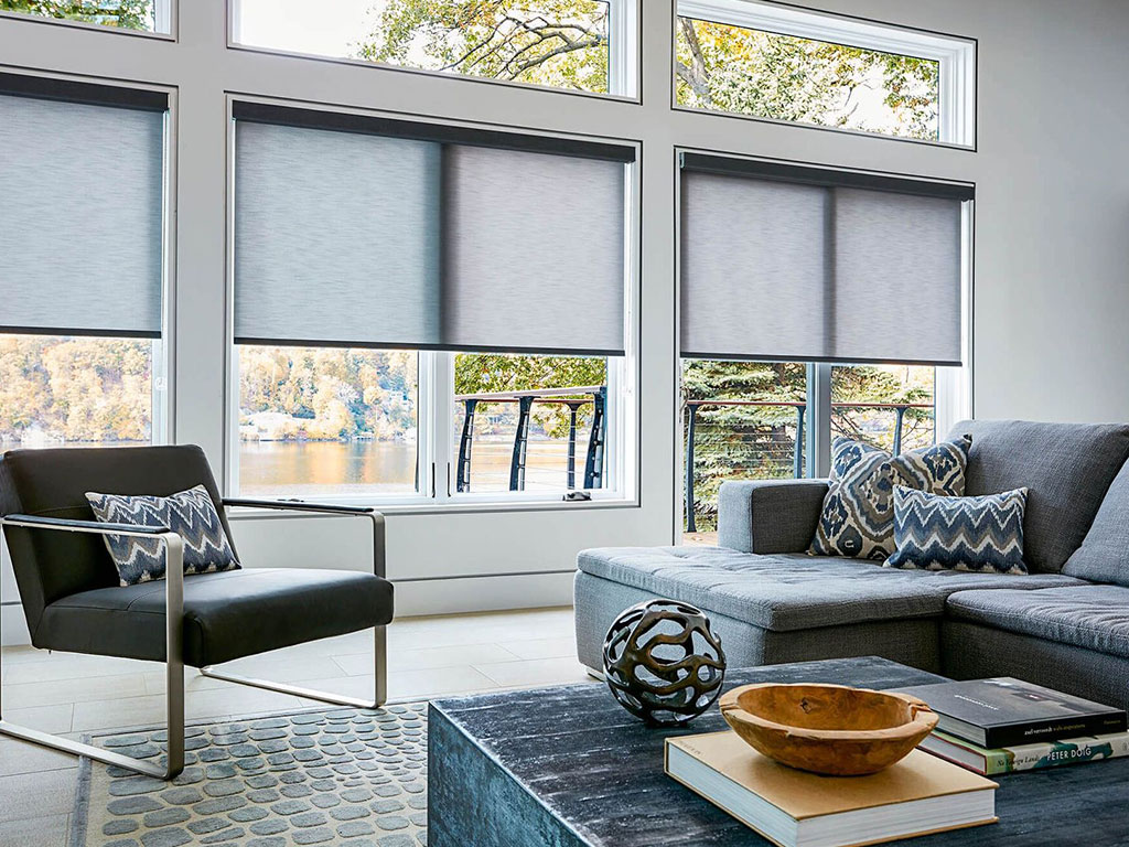 Modern living room with sleek roller shades covering the windows.