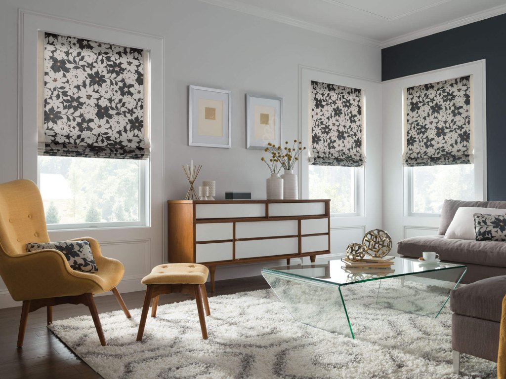 Floral roman shades in mid-century modern living room