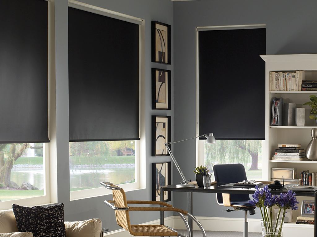 Home office with two windows covered by blackout roller shades, creating a dark and private workspace.