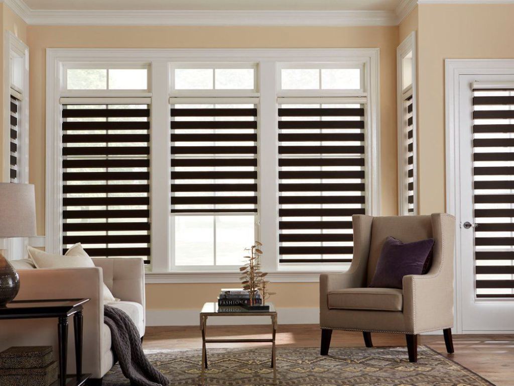 Modern living room with brown zebra shades on the windows.